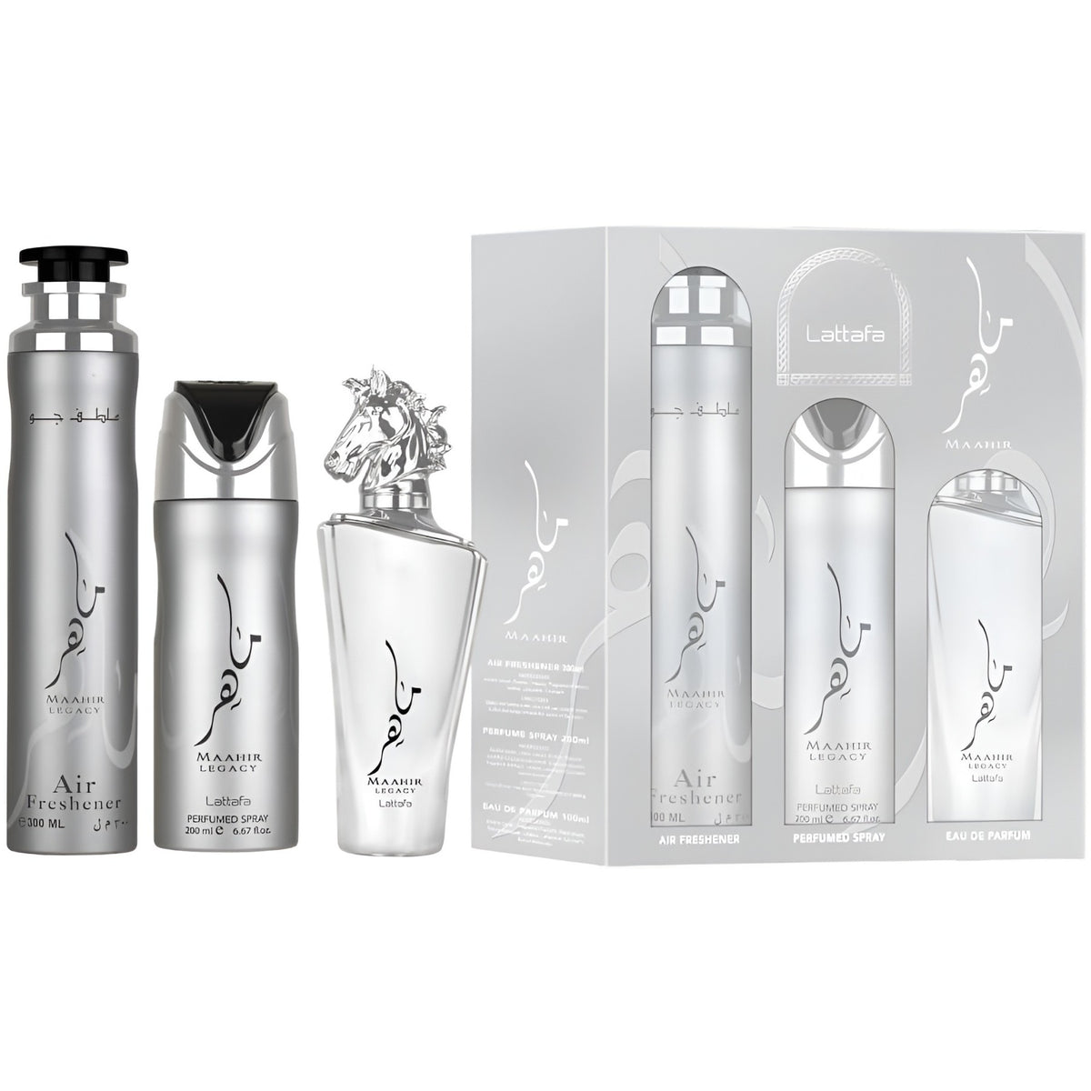 Set Cadou Lattafa Maahir Legacy EDP 100 ml + Spray 200 ml + 300 ml Air Freshener