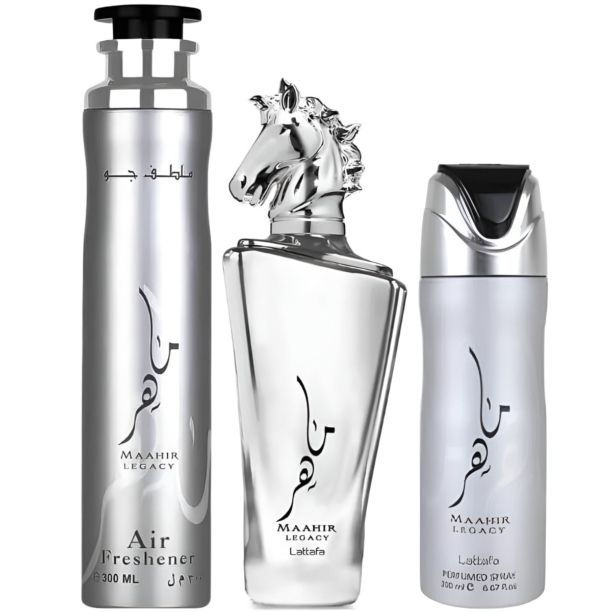 Set Cadou Lattafa Maahir Legacy EDP 100 ml + Spray 200 ml + 300 ml Air Freshener b
