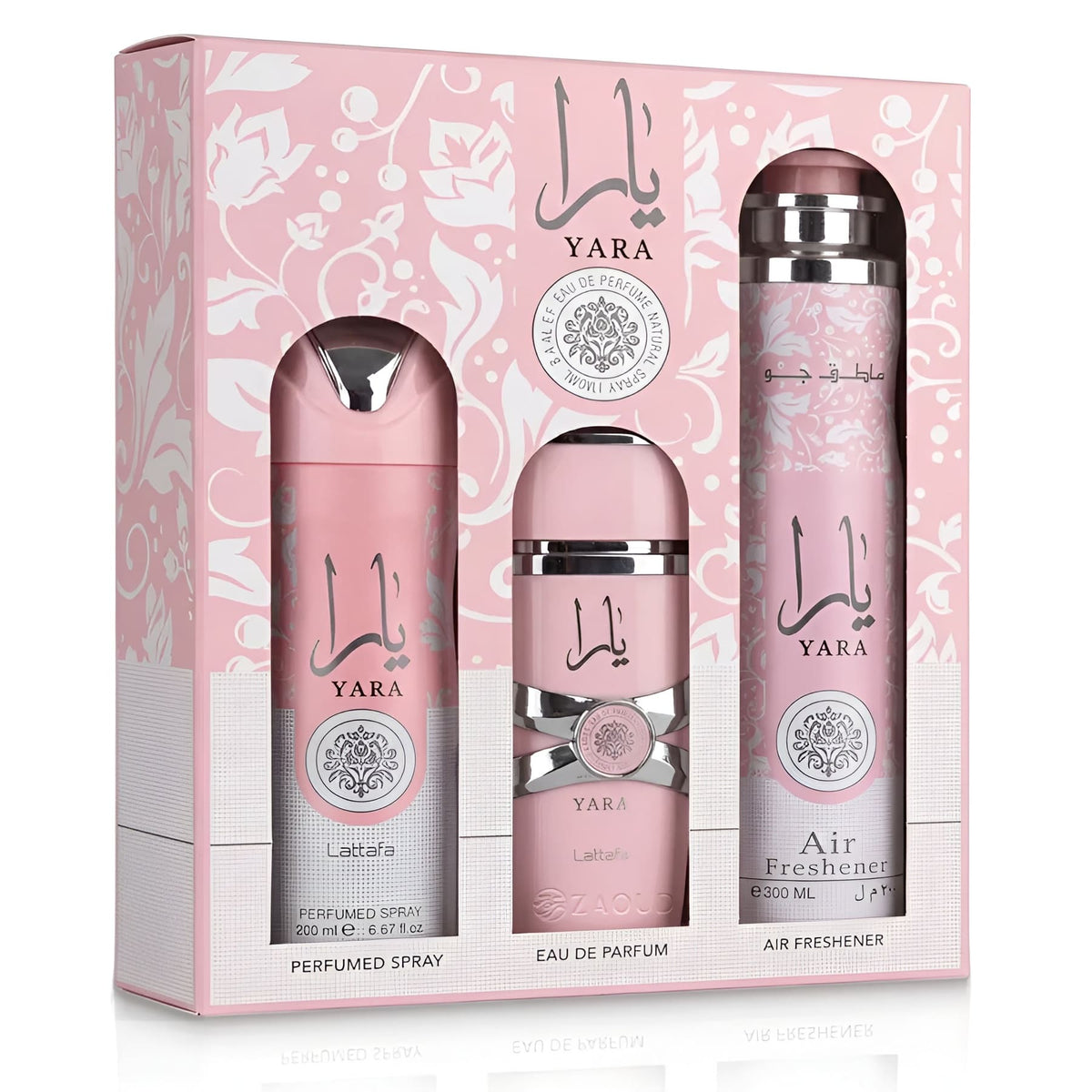 Set Lattafa Yara, Parfum 100ml + Spray 200 ml + Air Freshener 300 ml