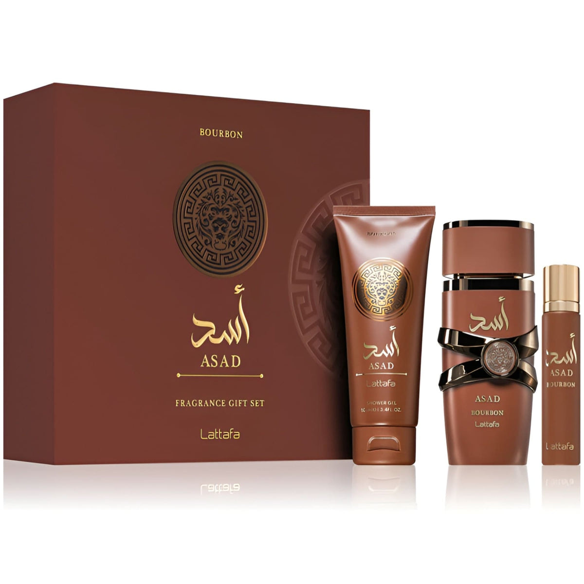 Set cadou Lattafa Asad Bourbon 3 PCS 100 ml + 12 ml + Gel de Dus