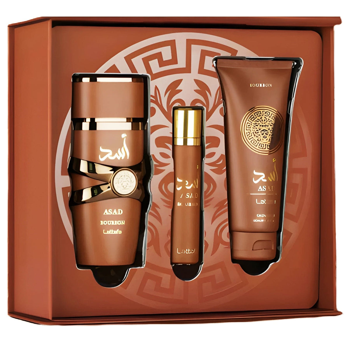 Set cadou Lattafa Asad Bourbon 3 PCS 100 ml + 12 ml + Gel de Dus d