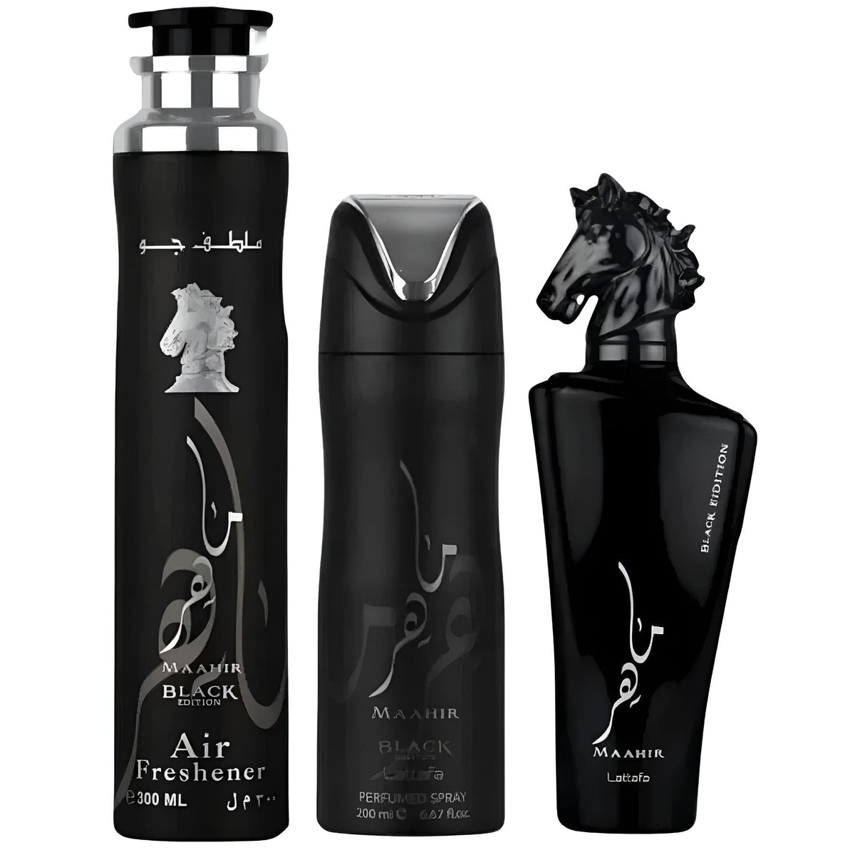 Set cadou Lattafa Maahir Black 100 ml EDP Spray + 200 ml Spray + 300 ml Air Freshener b