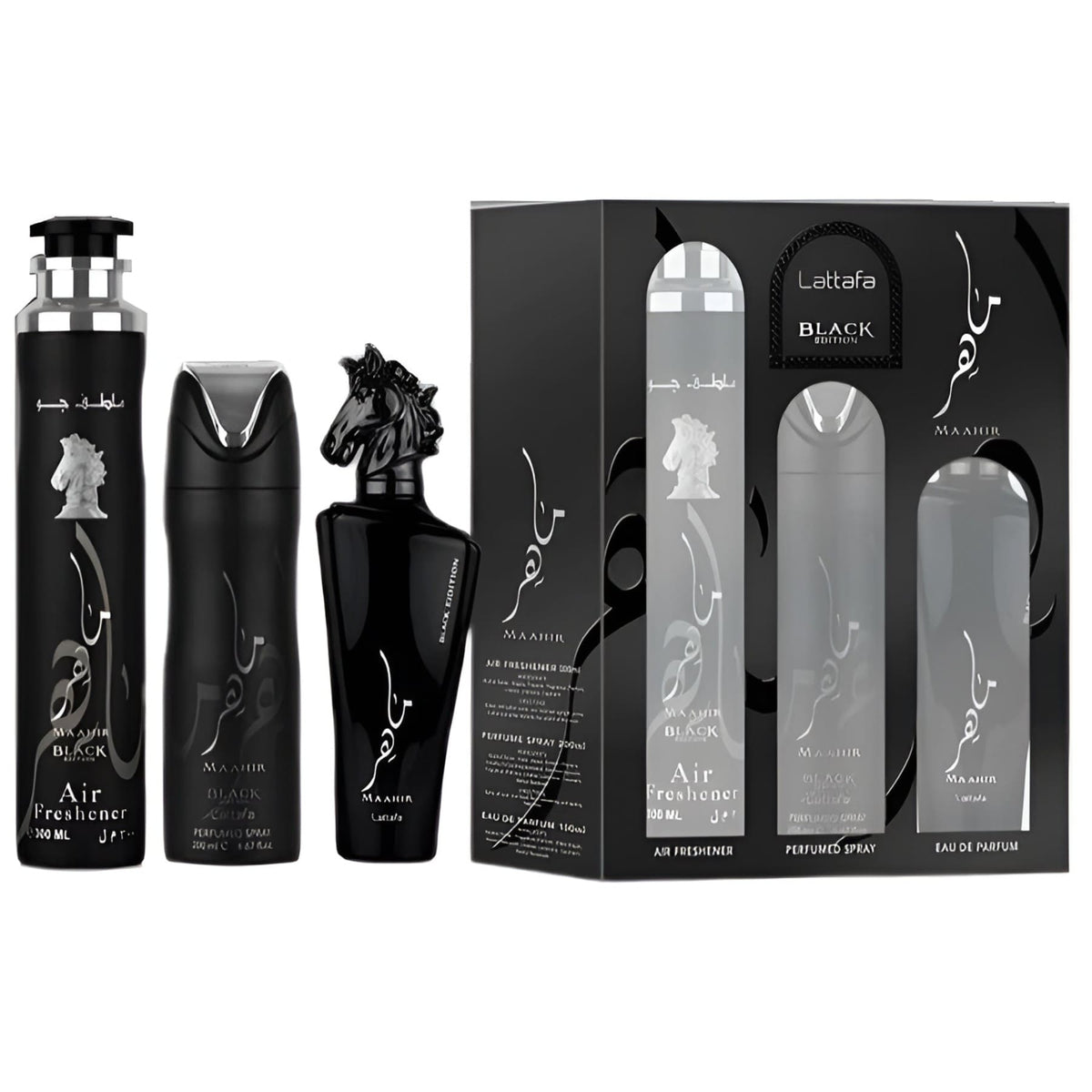 Set cadou Lattafa Maahir Black 100 ml EDP Spray + 200 ml Spray + 300 ml Air Freshener c